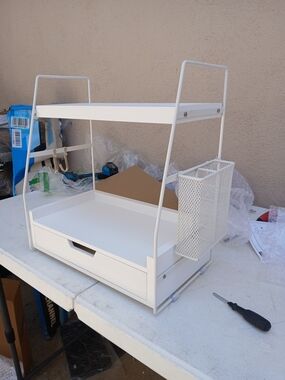 White Metal Desk Organizer with Drawer and Pen Cup